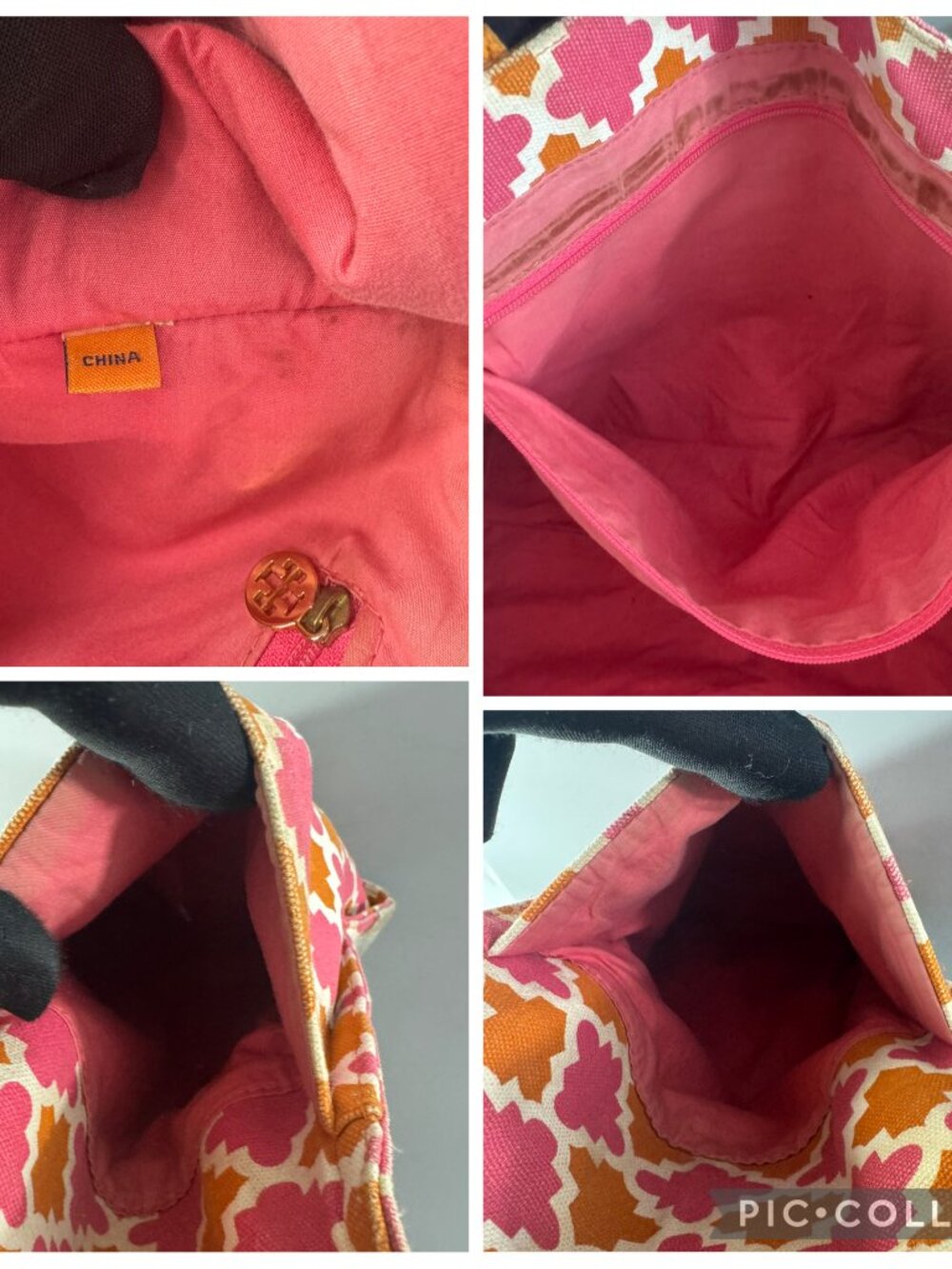 Tory Burch Orange/Pink Canvas w/Silver-tone Distressed Leather Large Tote Bag - Picture 13 of 15